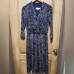Kasper Blue and White Long Sleeve Sheath Dress